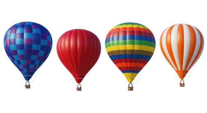 Four colorful hot air balloons with wicker baskets and ropes, isolated on a transparent seamless background with soft shadows, air travel and adventure concept