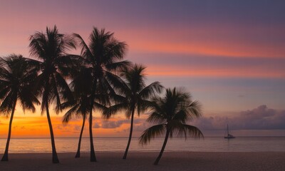 Obraz premium Silhouetted palm trees on a beach at sunset