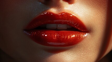 Fototapeta premium Ultra-high-resolution image of a model's lips, naturally shiny, extremely close-up, softly reflecting light, with every tiny wrinkle visible 