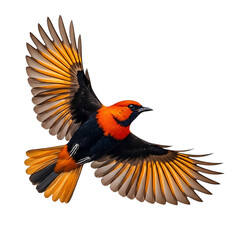 Fototapeta premium Vibrant orange and black bird in flight against a dark background