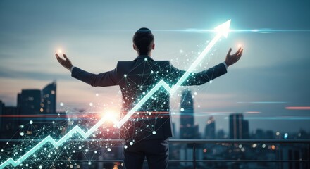 Business success visionary with upward trend graph over cityscape represents future growth