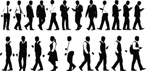 Silhouettes of Business Professionals Walking and Using Mobile Devices Representing Workplace Mobility, Communication, Technology, and Modern Corporate Behavior