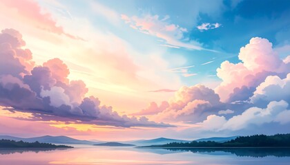 Serene sunrise over lake