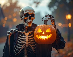 Skeleton Holding a Glowing Jack-o'-Lantern


