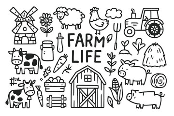 Farm Life Doodles. Farm life doodle set: hand drawn icons for agriculture, animals, and rural living, isolated transparent