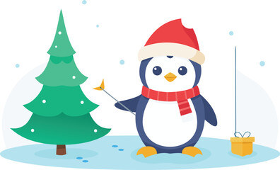 Cute penguin in winter attire with christmas tree and gift