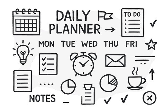 Productivity Planner Doodles. Daily planner doodle set: hand drawn icons for organizing your week and boosting productivity,