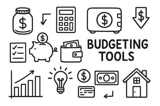 Budgeting Tools Doodle. Budgeting tools doodle set: hand drawn icons for money-saving strategies and household finances, isolated