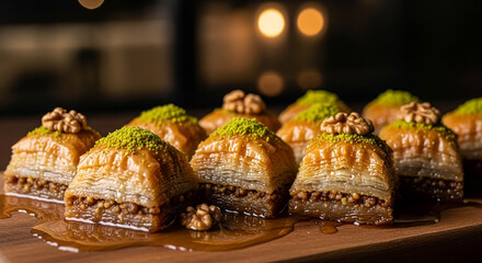 Close-Up of Baklava Pastry with Syrup Glaze and Ground Pistachio Topping