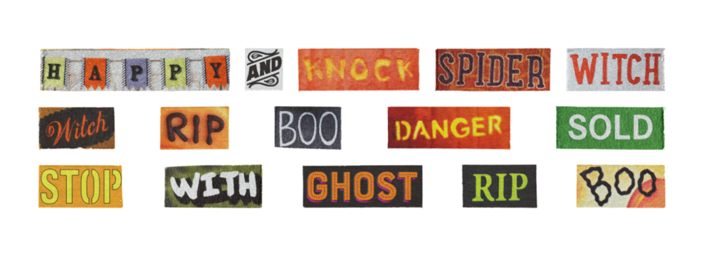 halloween text cutout words collection for social overlays, transparent png
