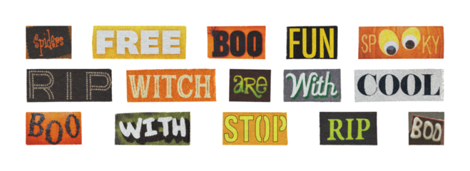 editorial halloween magazine word collage elements for articles and layouts

