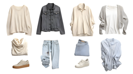 Collection of casual clothing and shoes isolated on transparent background
