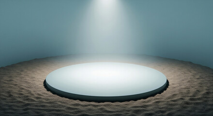 Minimalist Product Showcase A Clean Circular Platform on Textured Ground Under a Dramatic Spotlight in a Tranquil Hued Studio