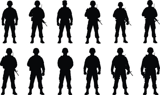 Soldier silhouettes in military gear, twelve armed figures with rifles and helmets, standing in formation, vector illustration for defense, discipline, and combat themes