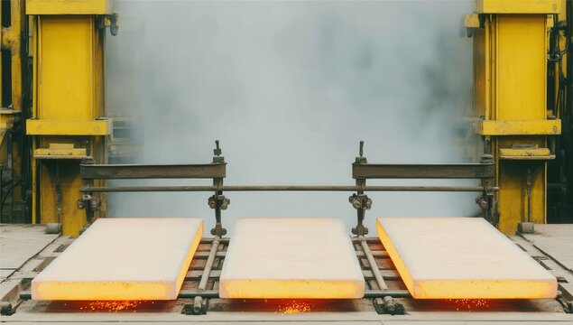 Hot steel slabs emerge from a industrial metal rolling mill, glowing intensely during the manufacturing process - Powered by Adobe