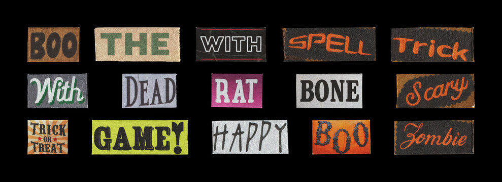 paper cutout halloween typography snippets for printable projects on black background
