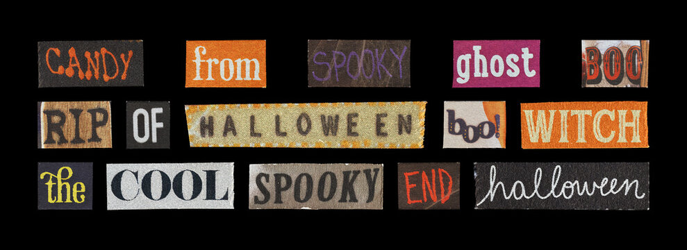 paper cutout halloween typography snippets for printable projects on black background
