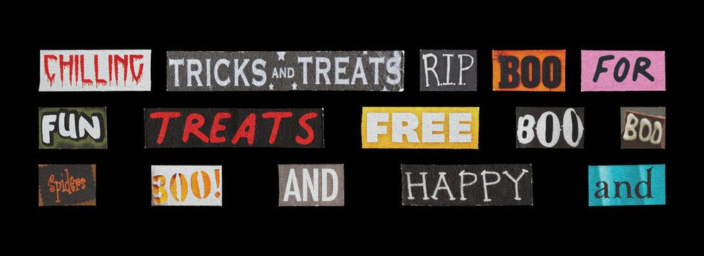 paper cutout halloween typography snippets for printable projects on black background
