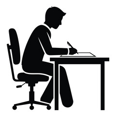 Black silhouette of a man in a suit writing at a desk with an office chair vector