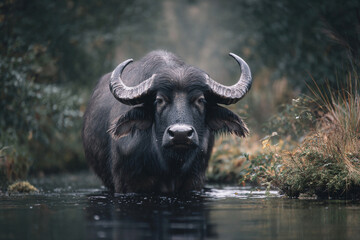 Fototapeta premium Asian water buffalo standing in rice field, traditional symbol of rural farming life.