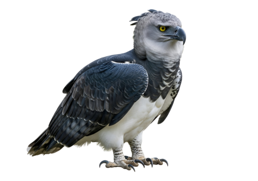 A striking, detailed portrait of a harpy eagle, showcasing its dramatic plumage and intense gaze against a stark black backdrop.