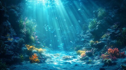 Fototapeta premium Underwater Alien World An alien underwater world with glowing coral reefs, bizarre sea creatures, and enormous, bioluminescent plants swaying in the deep ocean currents. The water is crystal clear, an