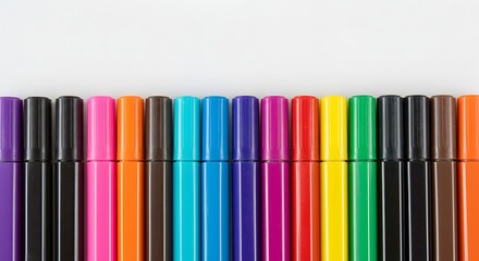 Obraz premium Vibrant colorful marker pens in a row on white background. Art supplies for creativity, drawing, and education.