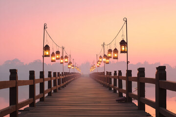 Obraz premium Scenic Asian-style bridge with lanterns, creating a festive and cultural atmosphere.