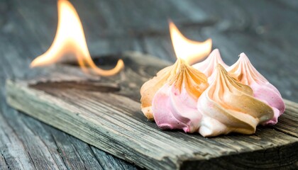 Flamed marshmallows on rustic wood
