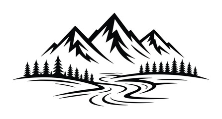 Stylized Black and White Mountain Range with River and Pine Trees