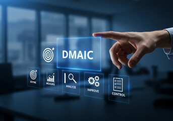 Businessman's hand touching DMAIC process diagram representing quality improvement and efficiency