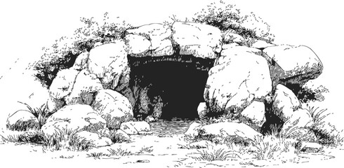 Fototapeta premium Rock cave entrance sketch, hand drawn with boulders, bushes, and rough terrain — stock vector