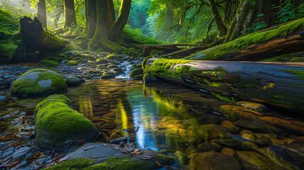 Peaceful forest stream with moss covered rocks and sunlight reflections