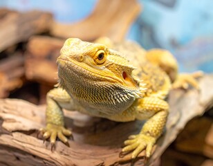 Obraz premium Close-up of a vibrant yellow bearded dragon resting on a piece of driftwood, showcasing its intricate scales and curious expression.