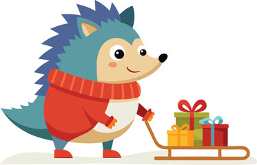 Cute hedgehog pulling a sled full of gifts