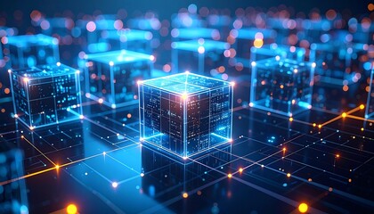 Blue-hued, glowing cubes interconnected by glowing lines, depicting a futuristic digital landscape