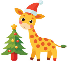 Cute christmas giraffe with decorated tree