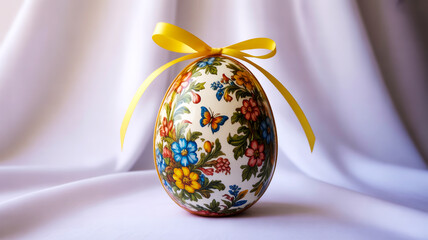 Decorative Easter egg, intricate floral pattern, vibrant colors, white background