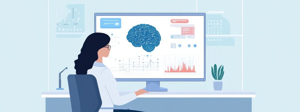 Woman Analyzing Data on Brain Science in Modern Office Environment