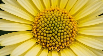 Close up of a vibrant yellow daisy flower center with detailed petals.