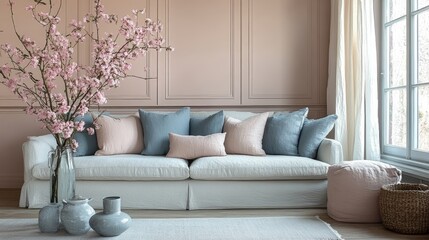 Naklejka premium Use soft, muted tones such as cream, pale gray, white, soft blues, and blush pinks. --ar 16:9 --stylize 750 --v 6.1 Job ID: 9e6860f8-ffbe-4e59-bf24-45dc4d948e54