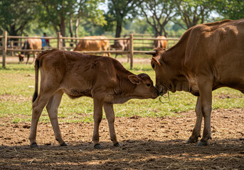 Obraz premium Tender moment between mother cow and calf sharing grass in sunny pasture