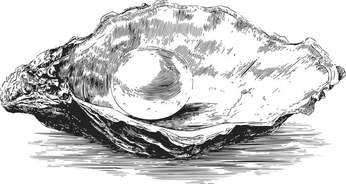 Oyster shell with pearl sketch, hand drawn detailed black and white illustration &mdash; stock vector