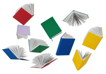 Multiple vibrant red, green, blue, yellow, purple hardcover books suspended, falling, and open with fluttering pages against an infinite white studio background, dynamic intellectual energy concept