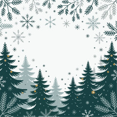 Winter Forest with Snowflakes and Pine Trees