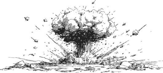 Obraz premium Nuclear explosion sketch, hand drawn mushroom cloud and ground blast scene — stock vector
