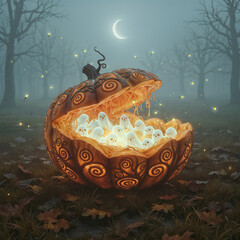 Misty autumn field with a giant carved pumpkin holding tiny glowing ghostly figures under a crescent moon.
