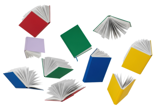 Multiple vibrant red, green, blue, yellow, purple hardcover books suspended, falling, and open with fluttering pages against an infinite white studio background, dynamic intellectual energy concept