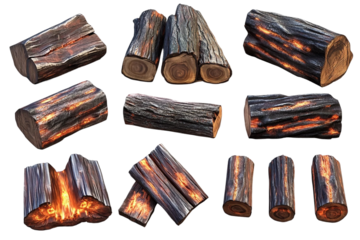 Glowing firewood in flames isolated on transparent background