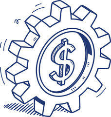 Obraz premium Hand-Drawn Dollar Sign Gear Mechanism: Financial Engine Concept, Sketch of Money Power Gear: Business Process and Economy Illustration